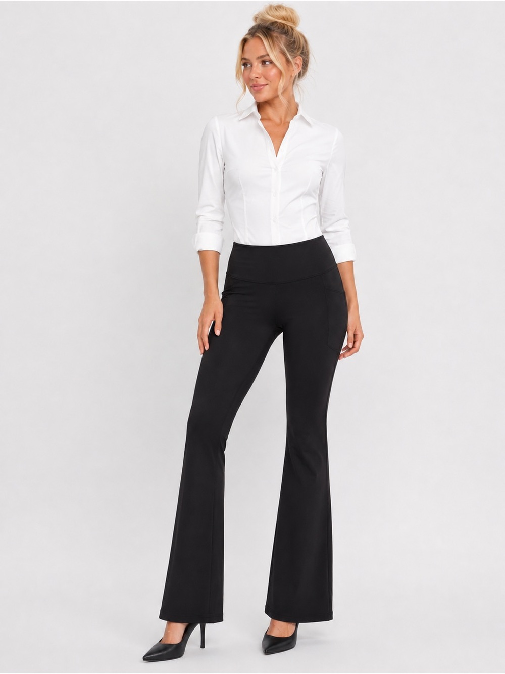 Women's Black Mid-Waist Stretch Flare Pants-Small